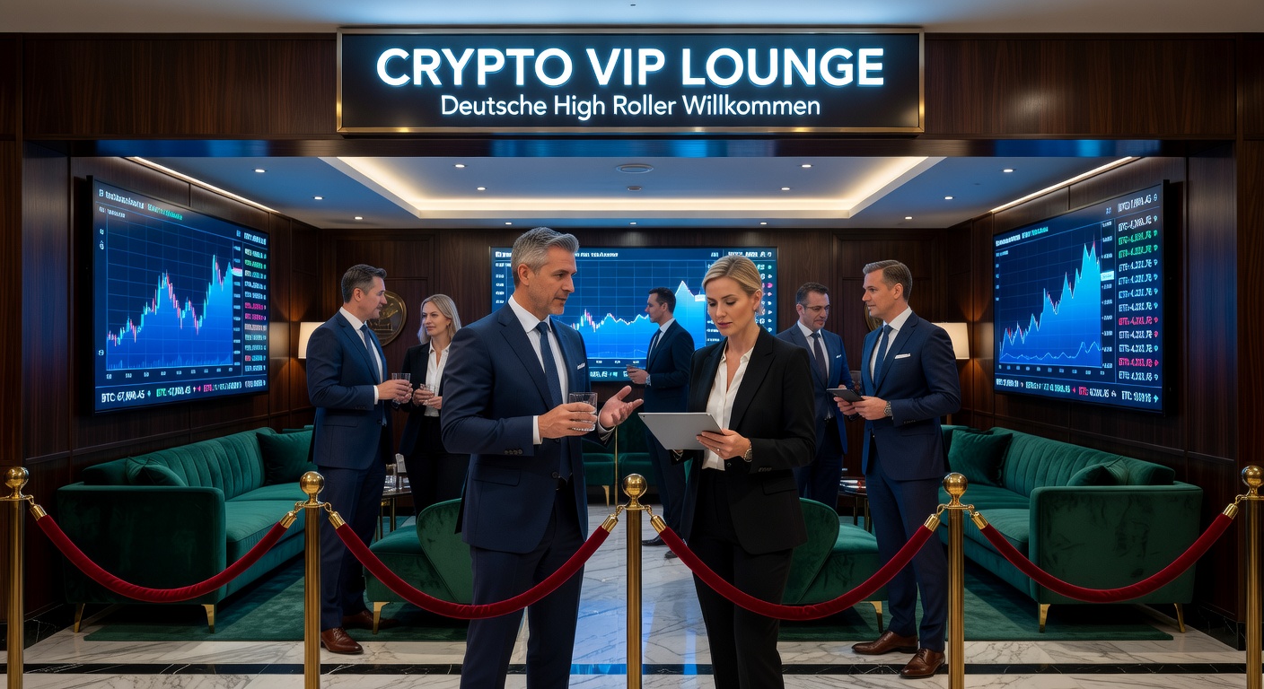 Ein elegantes Crypto-VIP-Lounge-Ambiente mit Samtvorhängen, Kristallleuchtern und High-Roller-Gästen an privaten Tischen, beleuchtet von dezenten Neonlichtern in Blockchain-Farben