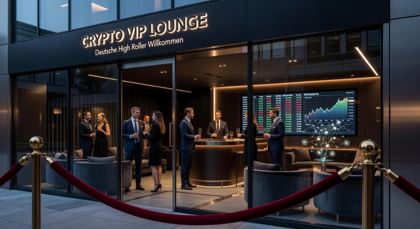 High Roller in einer Crypto-VIP-Lounge mit Champagnerflöten, Blockchain-Screens und privaten Gaming-Terminals, umgeben von goldenen Elementen und Samtpolstern