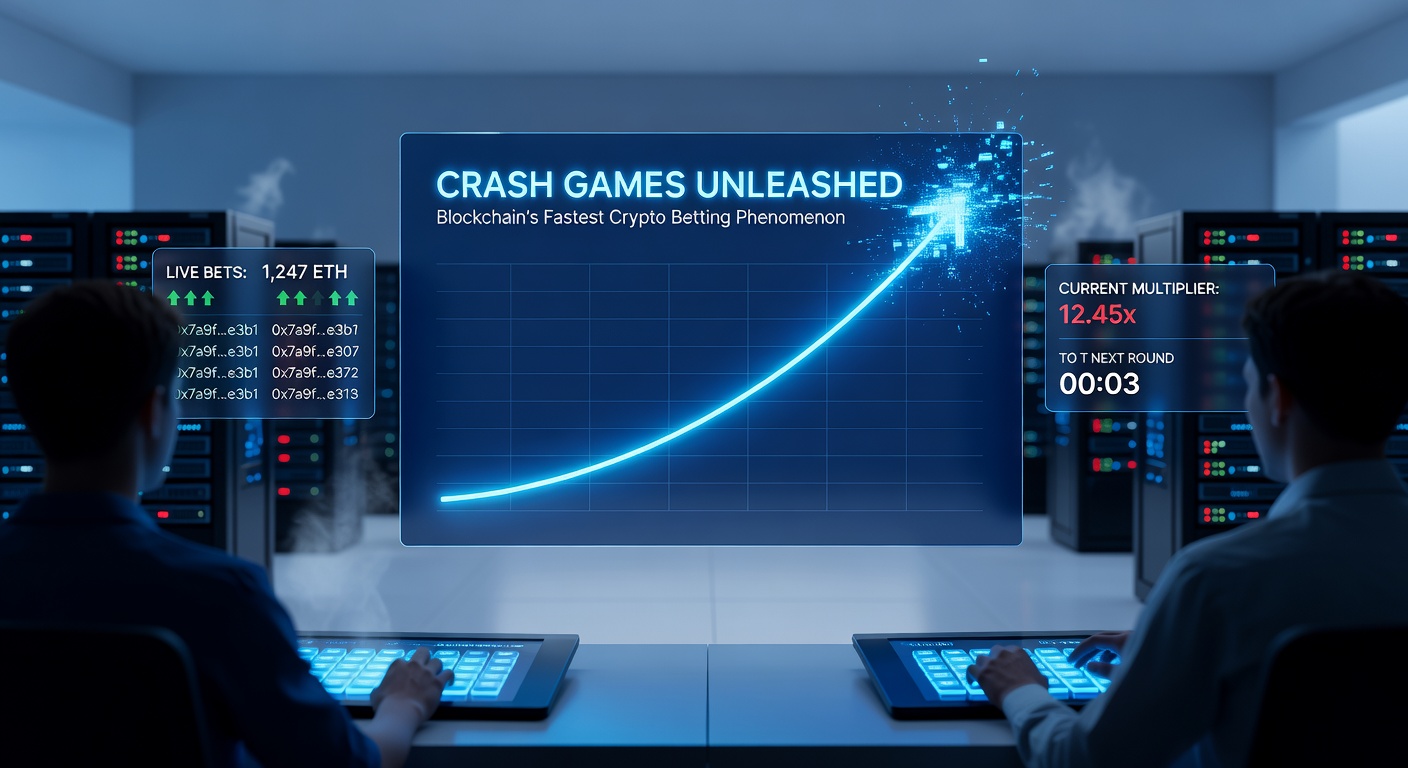 Dynamische Darstellung eines Blockchain-Crash-Games mit Echtzeit-Multiplikator und Wallet-Integration