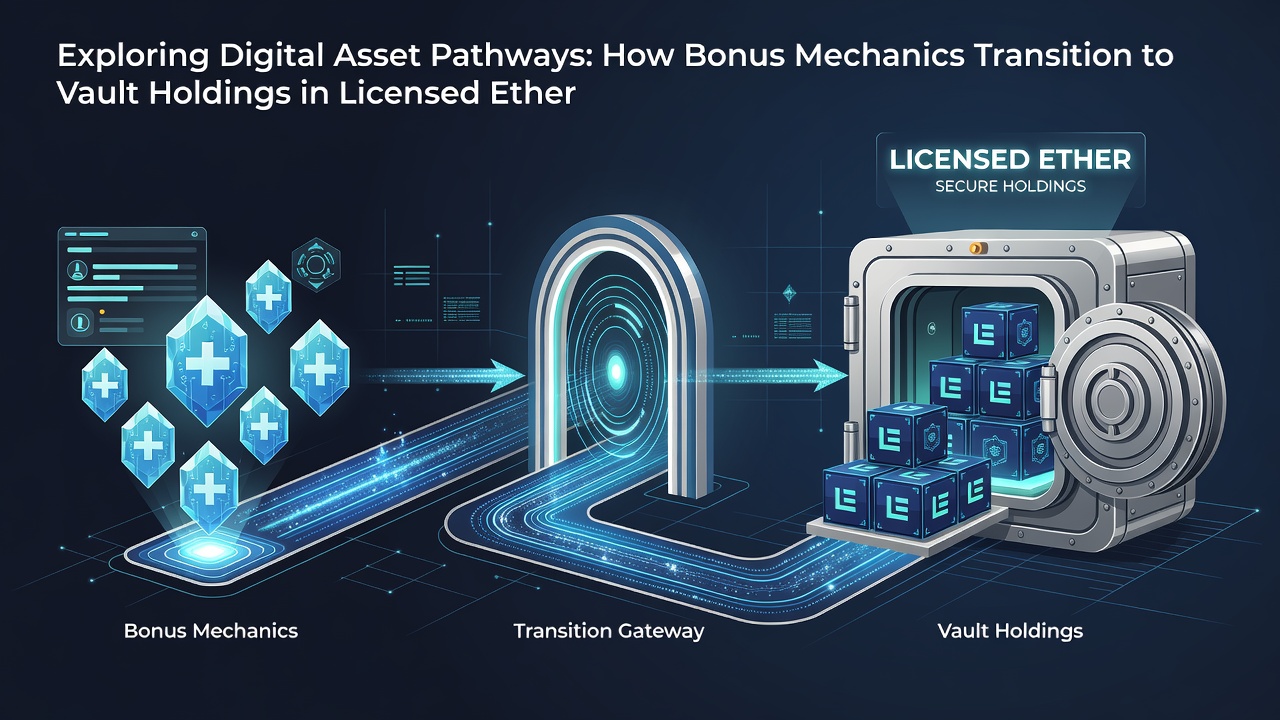 Illustration des Übergangs von Bonus-Mechaniken zu sicheren Vault-Holdings in lizenzierten Ethereum-Umgebungen